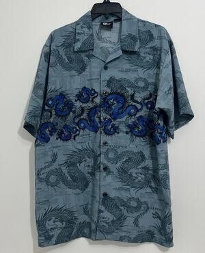Street Culture Dragon Hawaiian Shirt Mens Medium Blue Gray Button Front Casual